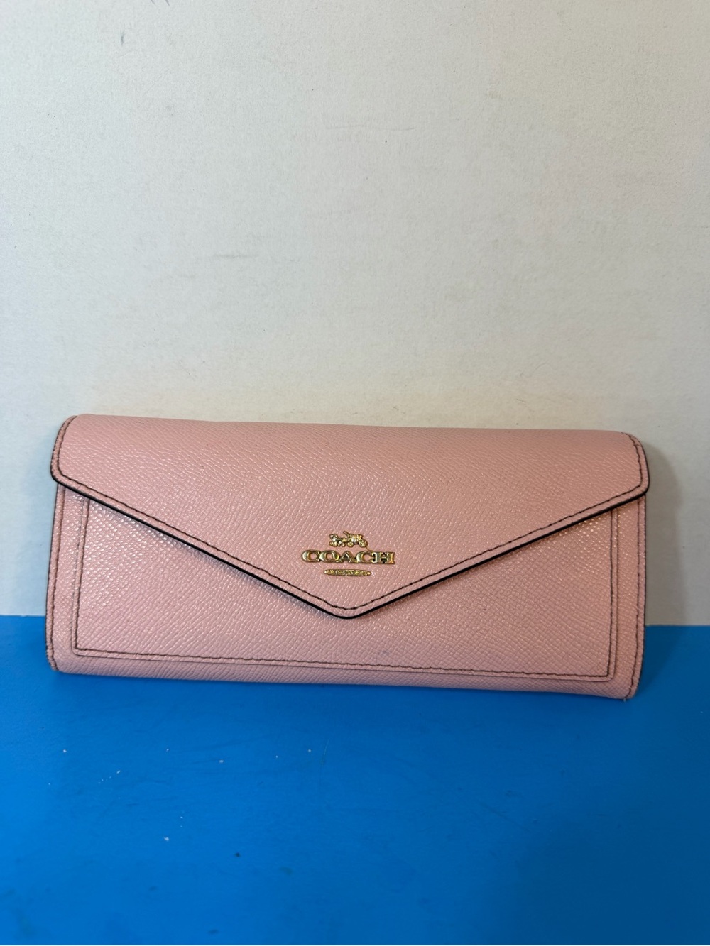 Coach Blush Pink Saffiano Leather Envelope Wallet with Gold Tone Logo